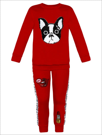 Girls Animal Applique Sweatshirt & Sweatpants Set - Red / 2T/3T - Girls Fall Casual SetGirls Sequin Puppy Red Sweatshirt & Jogger Set - Mia Belle Girls