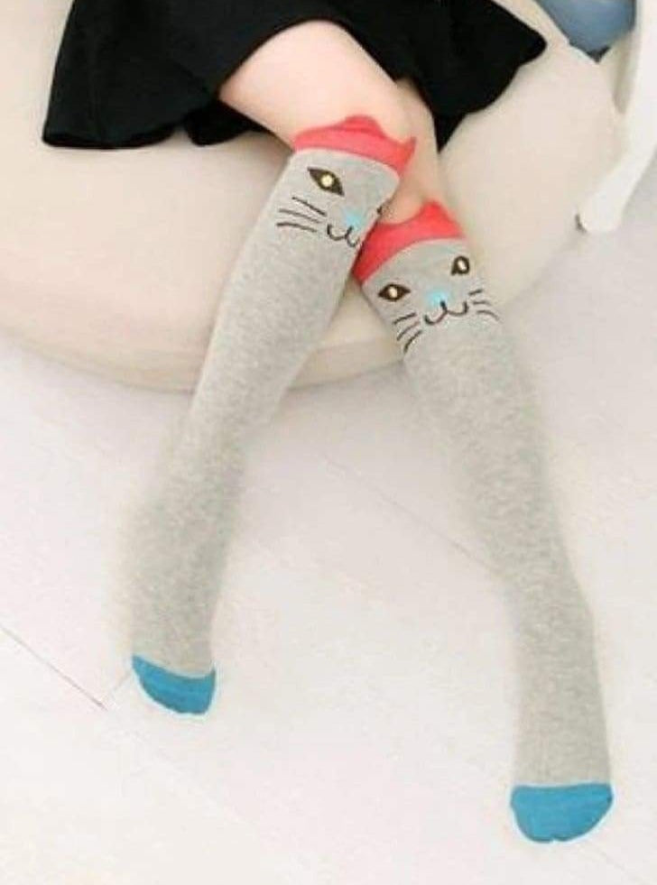 Girls Animal Knee Socks - Grey Orange Cat / 3-7 Years - Girls Accessories