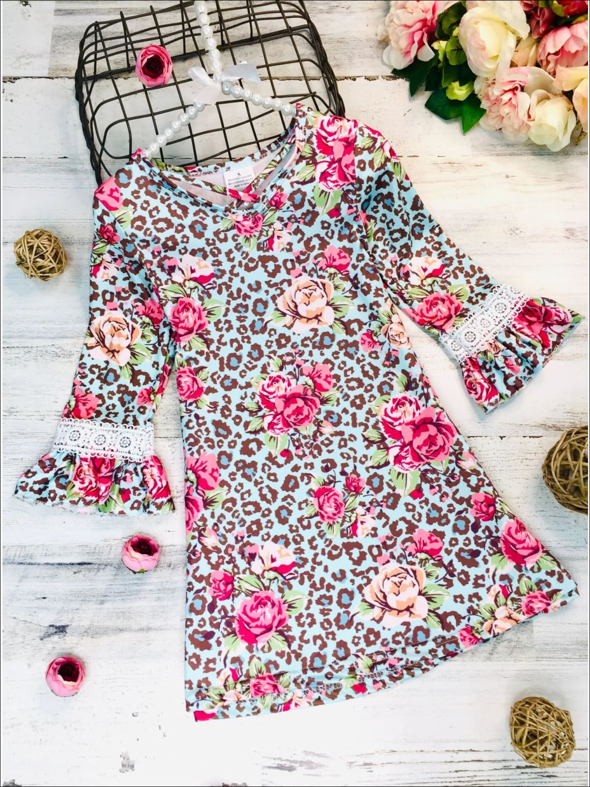Girls Animal Print Floral Crochet Ruffled Long Sleeve Dress Mint - Girls Fall Casual Dress
