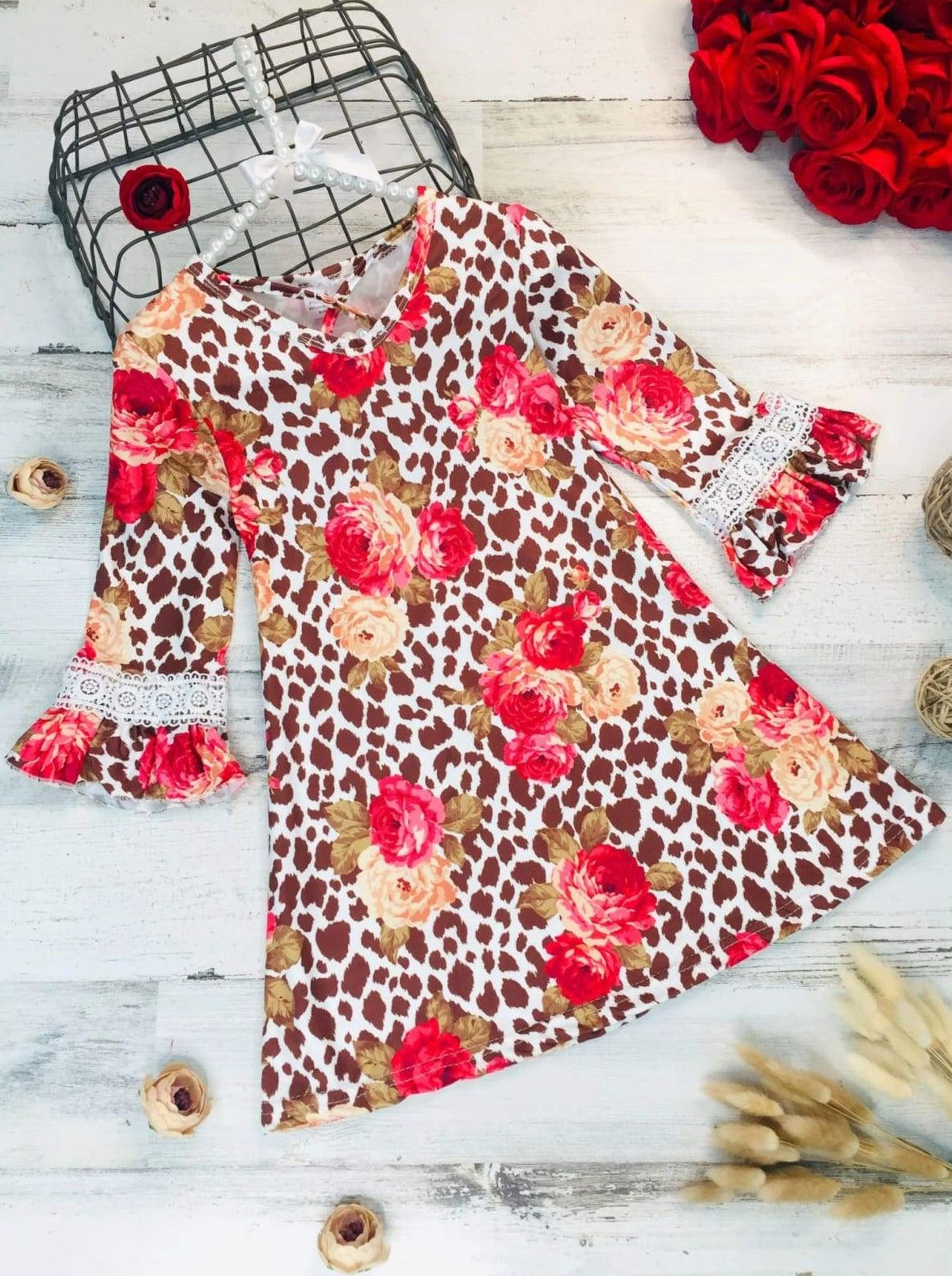 Girls Animal Print Floral Crochet Ruffled Long Sleeve Dress - Girls Fall Casual Dress