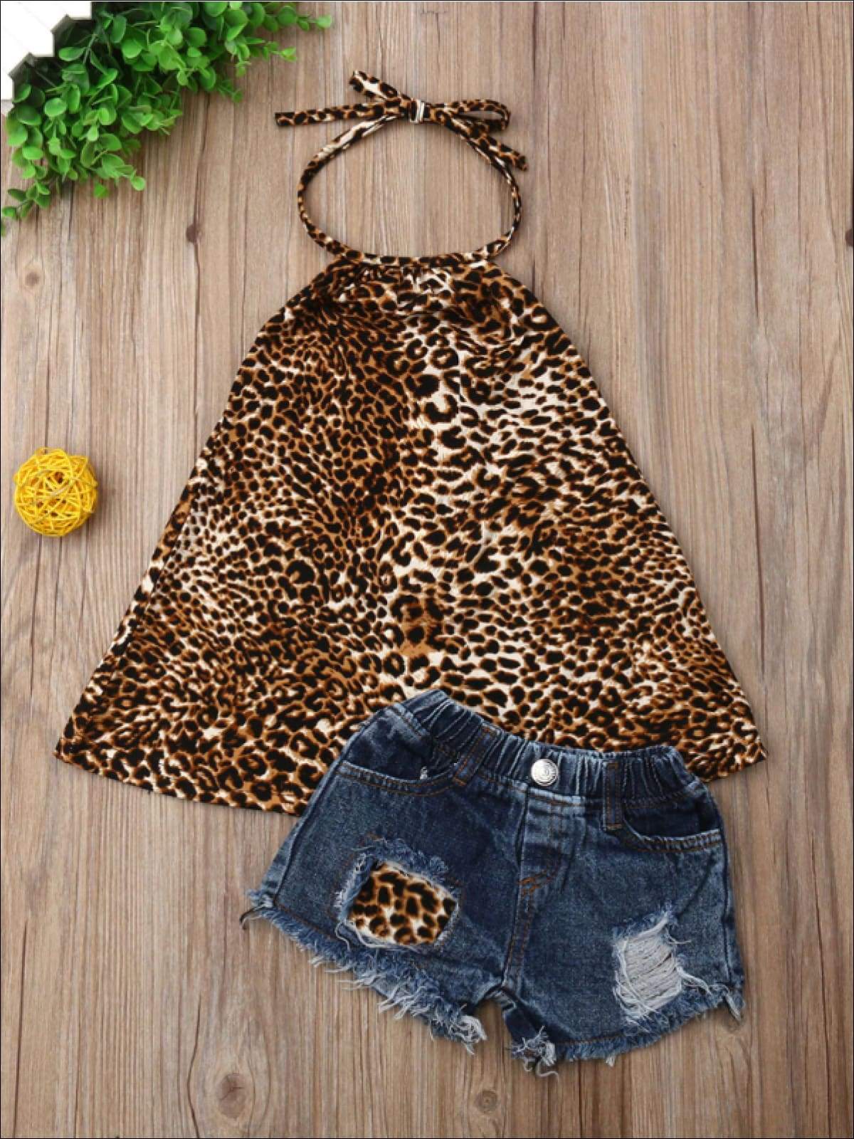 Girls Animal Print Halter Tunic & Matching Denim Shorts with Patch Set - 2T / Multi Color - Girls Spring Casual Set