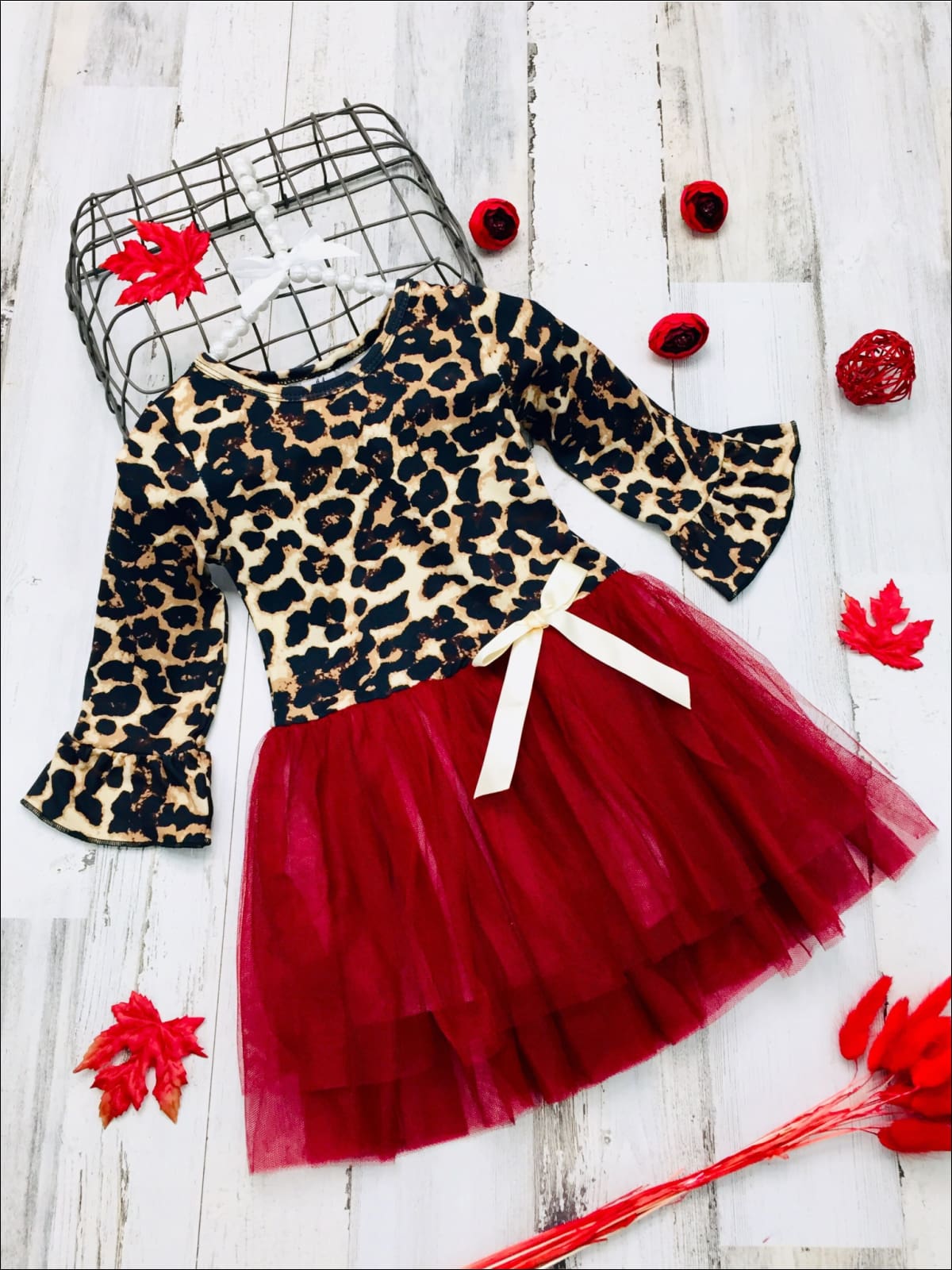 Girls Animal Print Long Ruffled Sleeve Tutu Skirt Dress with Bow - Burgundy / 2T - Girls Fall Casual Dress