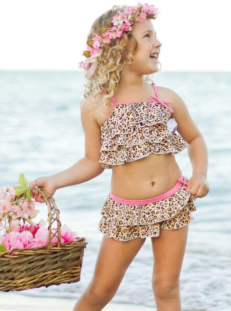 Girls Animal Print Tiered Ruffled Tank and Skirt Bikini With Pink Trim - Girls Two Piece Swimsuit