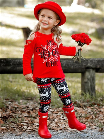 Girls Baby its Cold Outside Cold Shoulder Long Sleeve Top & Reindeer Print Leggings Set - Girls Fall Casual Set