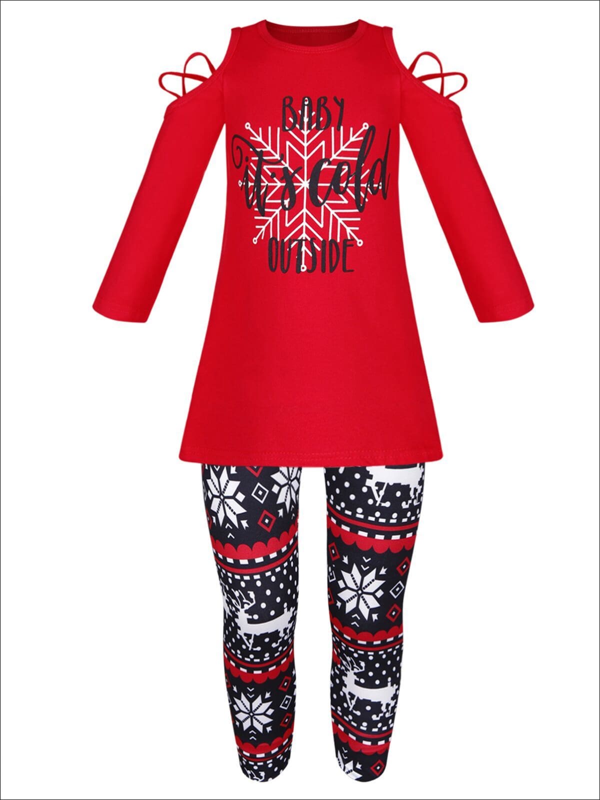 Girls Baby its Cold Outside Cold Shoulder Long Sleeve Top & Reindeer Print Leggings Set - Red & Black / 2T - Girls Fall Casual Set
