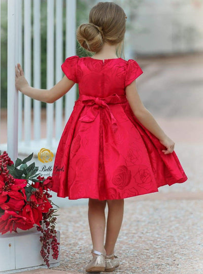 Girls Beaded Floral Applique Brocade Holiday Dress - Girls Fall Dressy Dress