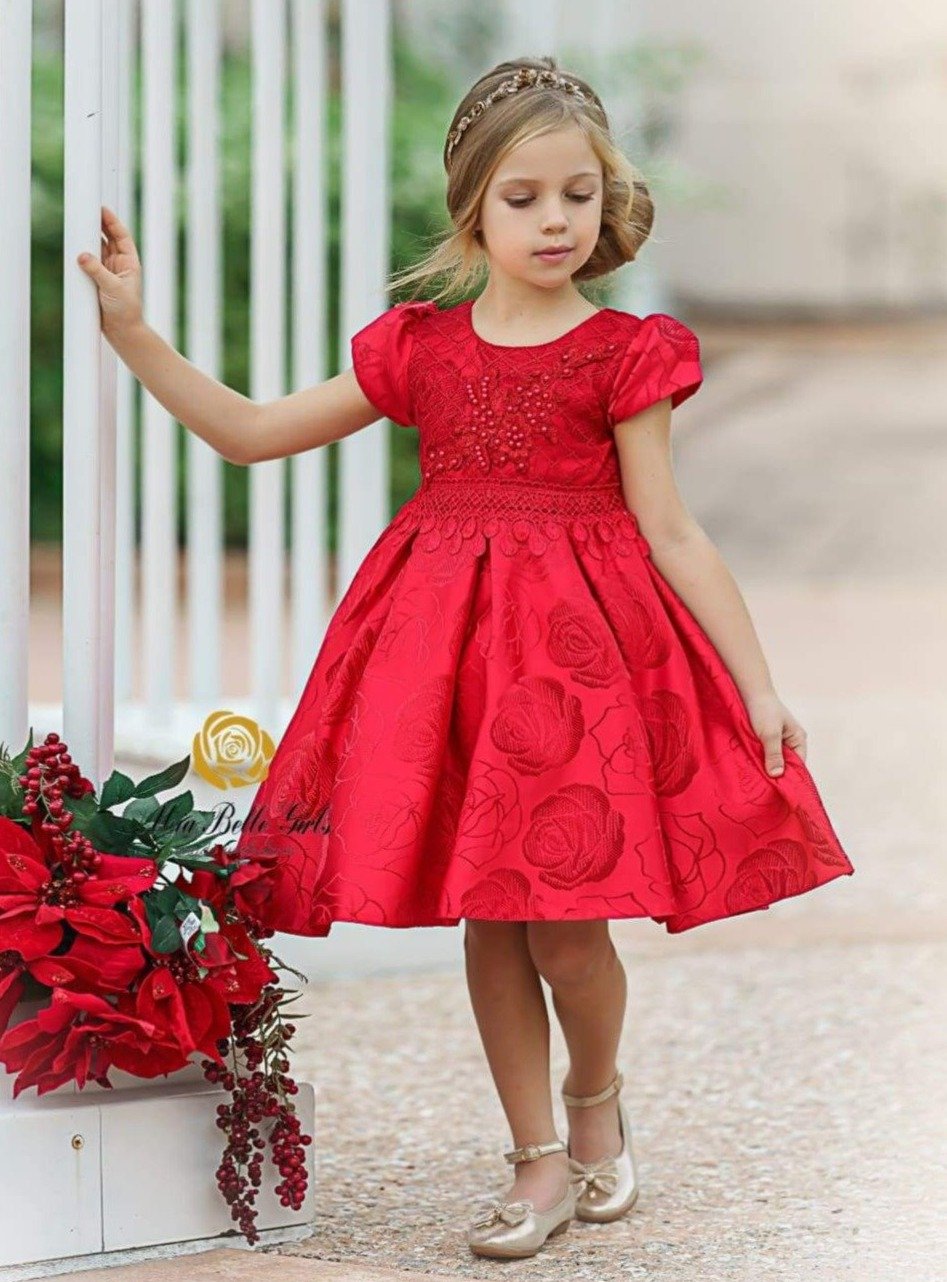 Girls Beaded Floral Applique Brocade Holiday Dress - Girls Fall Dressy Dress