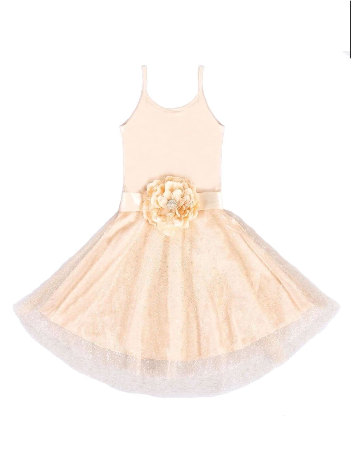 Girls Beige Circular Skirt Dress with Flower Belt - Beige / 3T - Girls Spring Dressy Dress