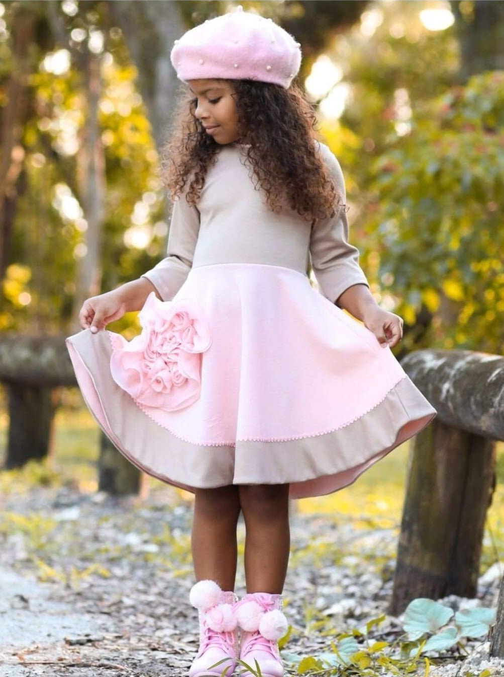 Girls Beige & Peach Circular Skirt 3/4 Sleeve Dress - Girls Fall Dressy Dress