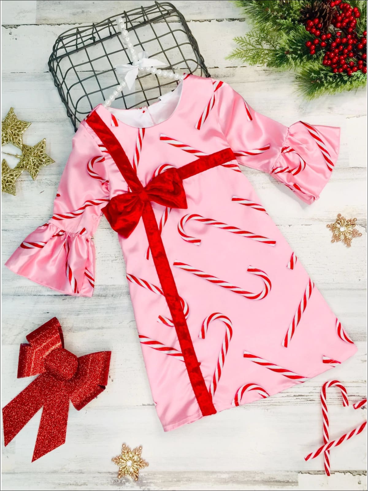 Girls Bell Sleeve Cross Over Bow Present Dress - Girls Christmas Dress