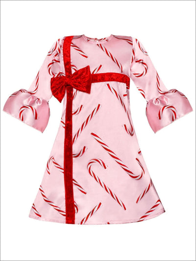 Girls Bell Sleeve Cross Over Bow Present Dress - Pink / 2T/3T - Girls Christmas Dress
