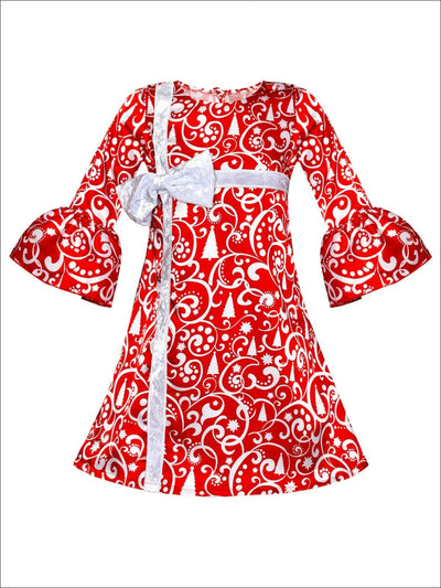 Girls Bell Sleeve Cross Over Bow Present Dress - Red / 2T/3T - Girls Christmas Dress