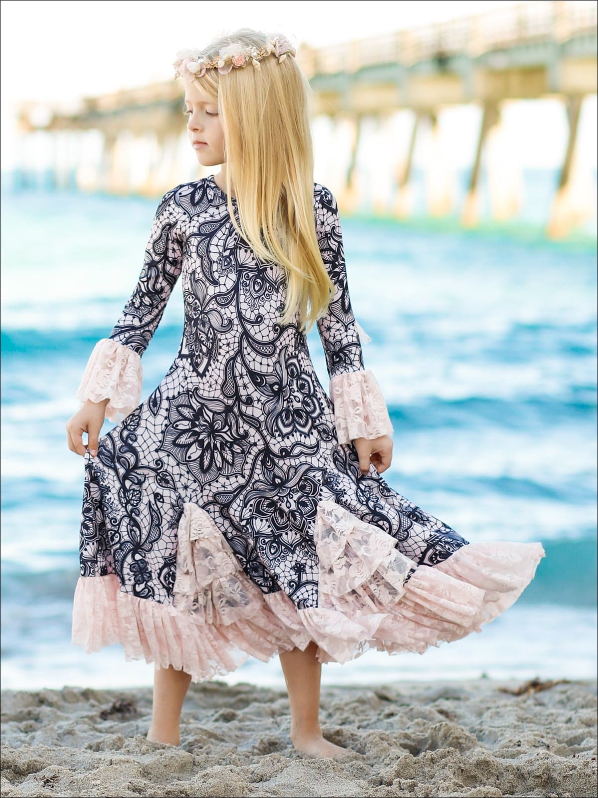 Winter Dressy Dresses | Floral Print Ruffle Lace Hem Maxi Dress