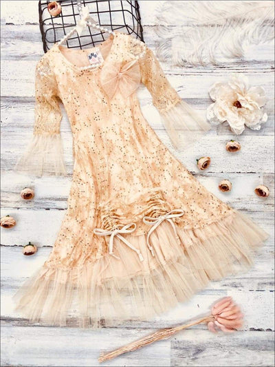 Girls Bell Sleeve Lace Hi-Lo Drawstring Ruffled Dress - Girls Fall Dressy Dress
