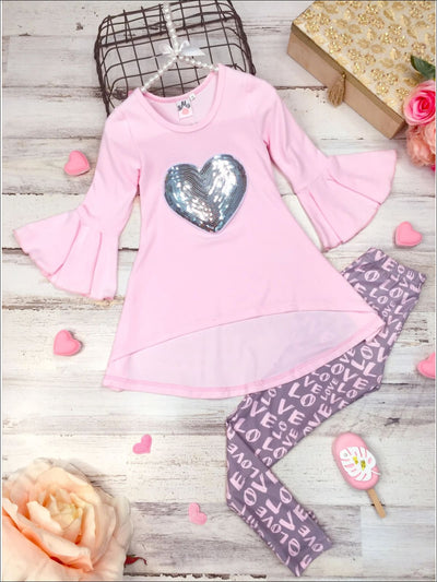 Kids Valentine's Outfit | Bell Sleeve Sequin Heart Tunic & Legging Set