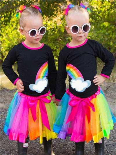 Girls Black Best Friends Twinning Rainbow Print Long Sleeve Top & Tutu Skirt Set - Left Rainbow / 2T - Girls Fall Casual Set