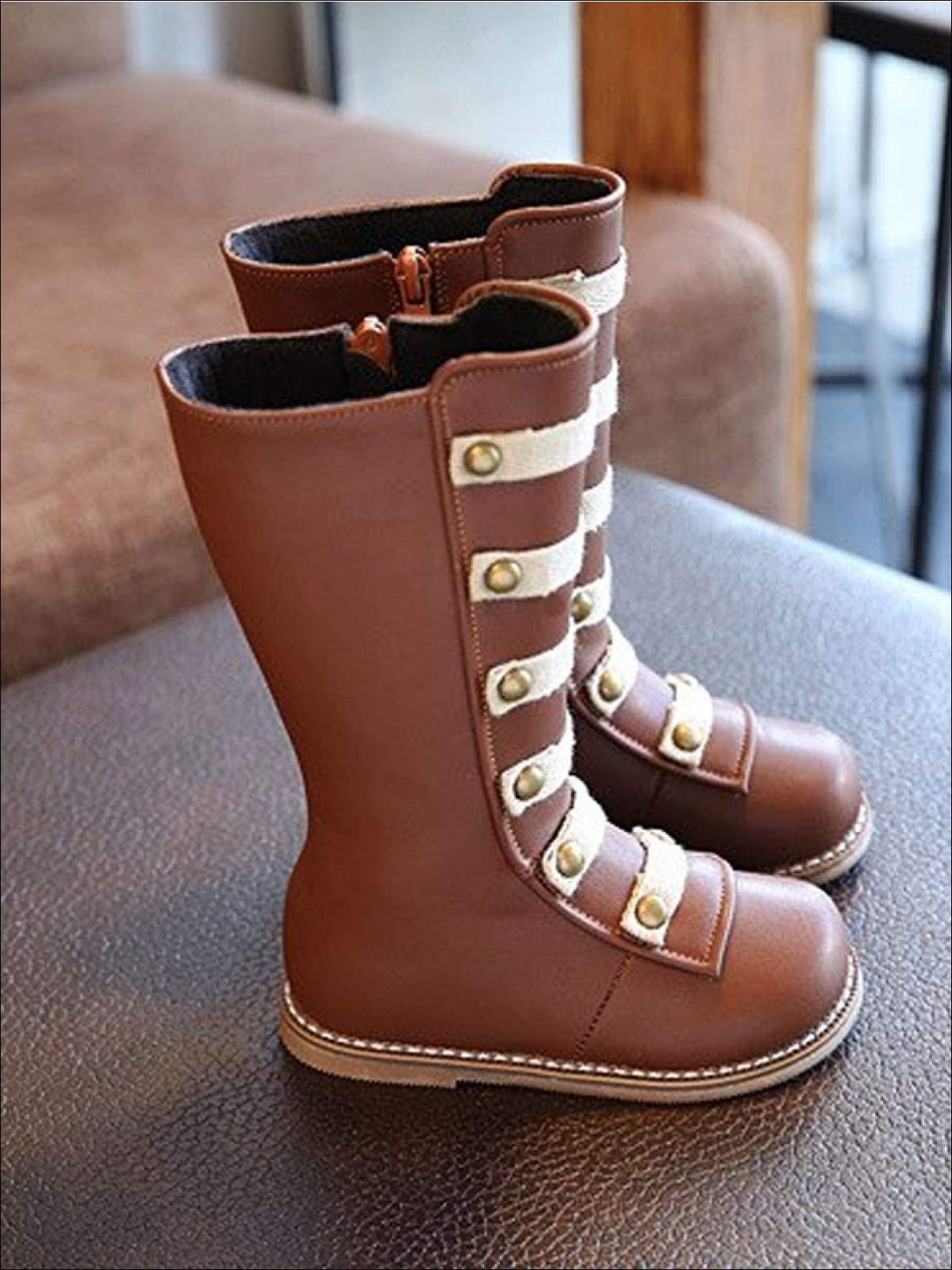 Girls Black & Brown Military Style Boots - brown / 6.5 - Girls Boots