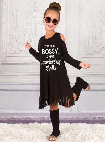 Girls Black Cold Shoulder Im Not Bossy Fringe Dress - Girls Fall Casual Dress