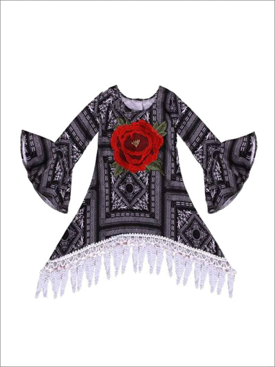 Girls Black & Creme Geometric Print Bell Sleeve Leaf Crochet Fringe Tunic with Rose Applique - Fall Low Stock