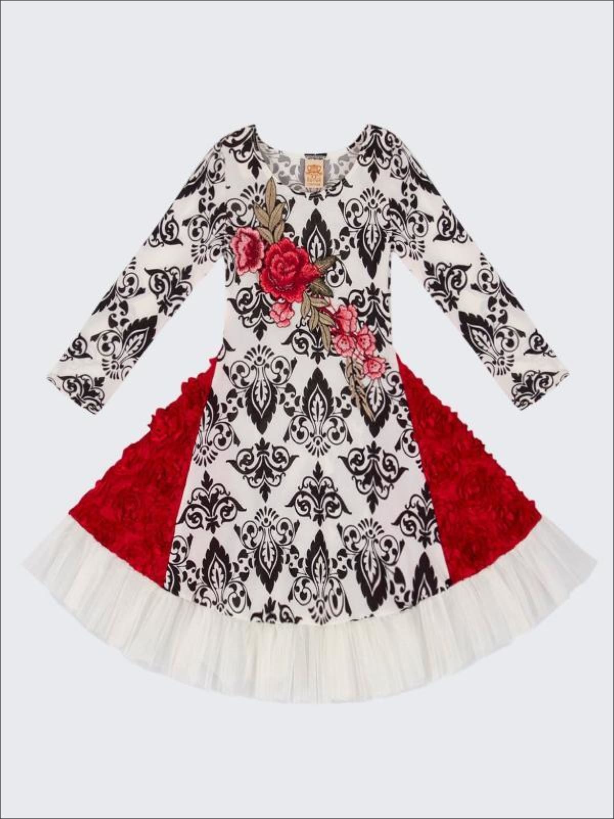 Girls Black & Creme Twirl Dress with Rosette Side Panels & Crochet Rose Applique - Girls Fall Dress