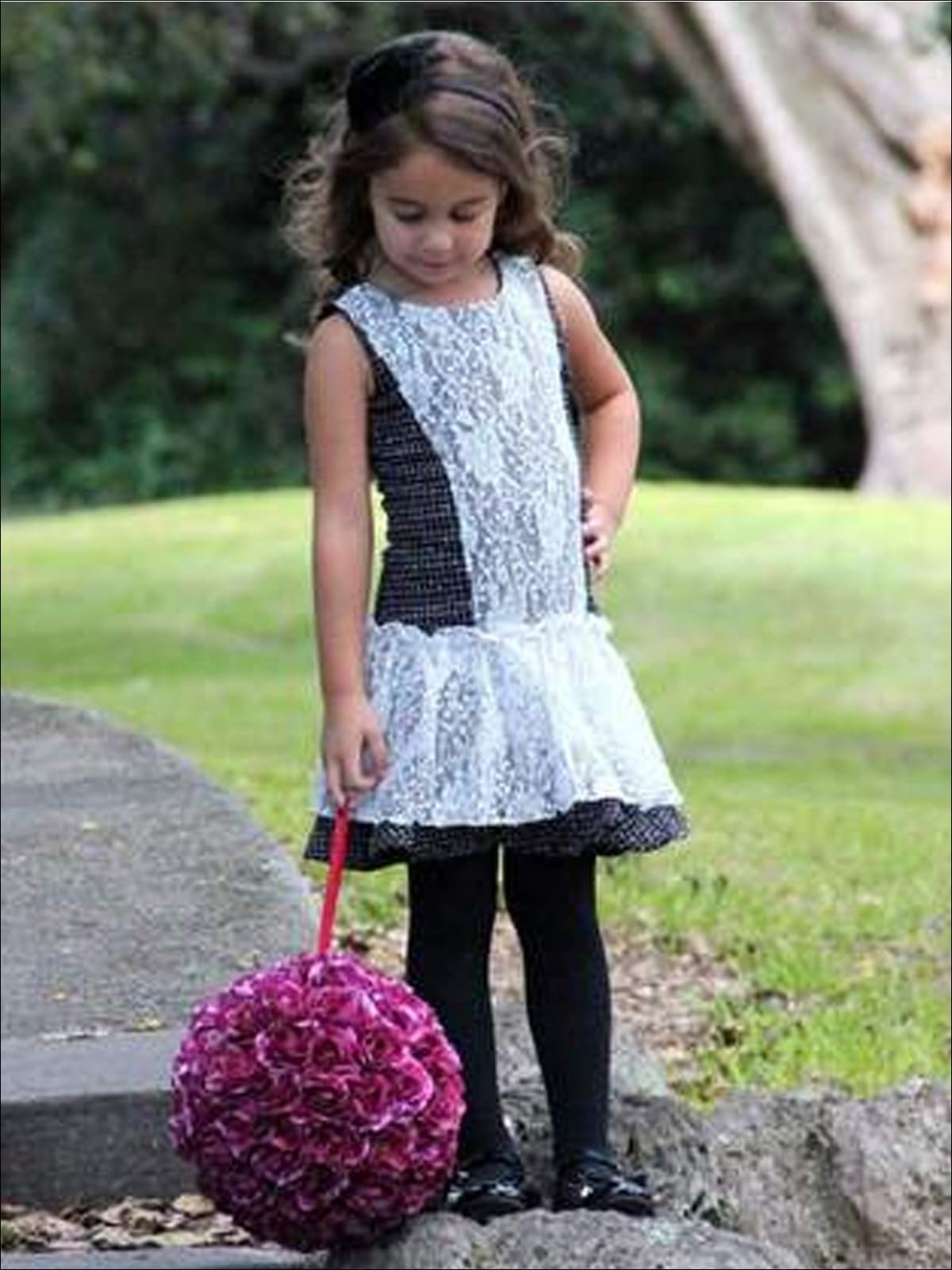 Girls Black Dress with White Lace
