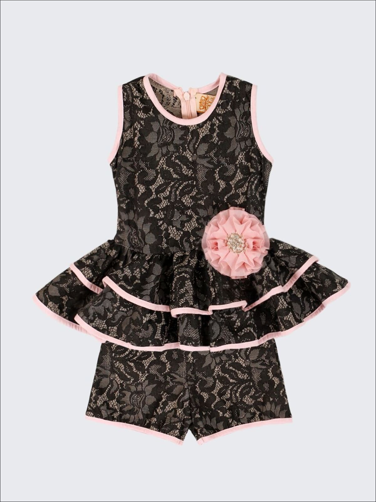 Girls Black Embossed Lace Sleeveless Double Peplum Top with Flower Clip & Shorts Set - Girls Spring Dressy Set