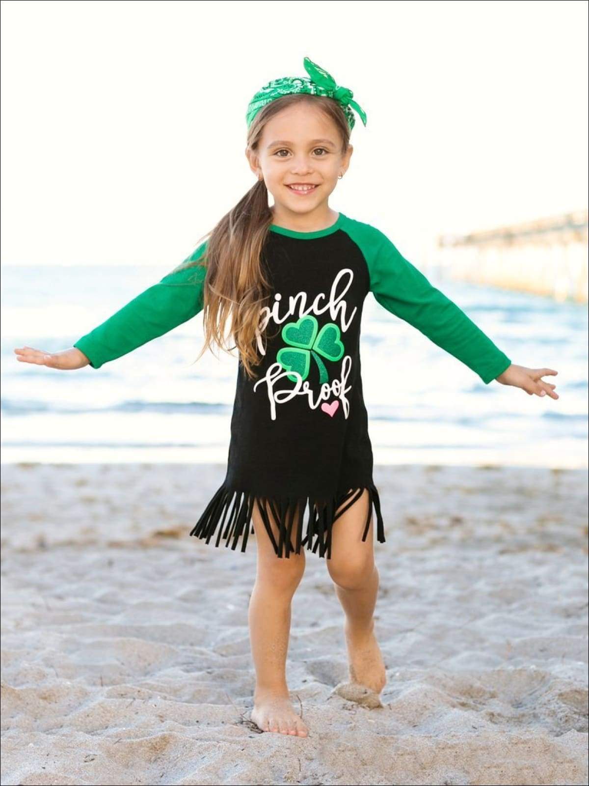 Girls Black & Green St. Patricks Day Themed Pinch Proof Clover Long Sleeve Fringe Dress - Girls St. Patricks Dress
