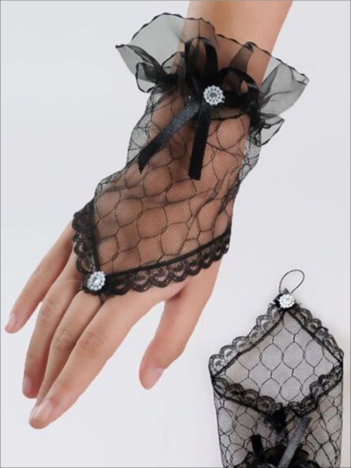 Girls Black Mesh Mad Hatter Finger-Less Gloves - Girls Halloween Costume