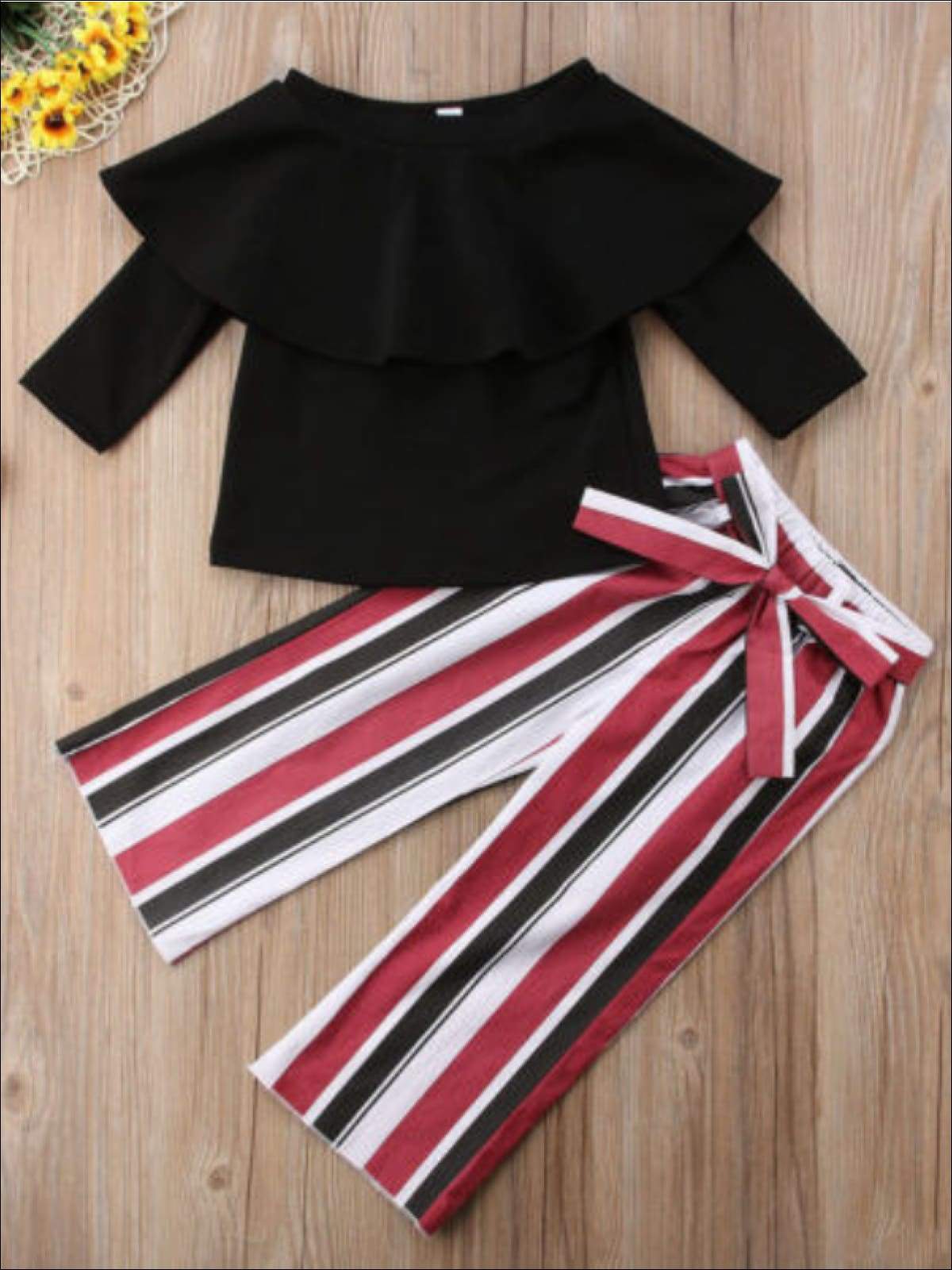 Girls Black Ruffle Off Shoulder Top & Stripe Pants Set - Girls Spring Casual Set
