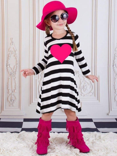 Girls Black Stripe Fuchsia Heart Dress - Girls Fall Casual Dress