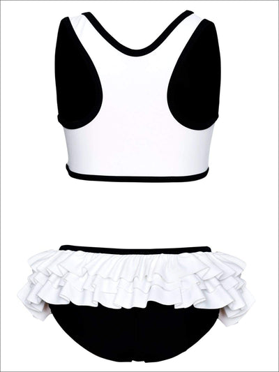 Girls Black Swan Top & Side Ruffle Bottom Two Piece Swimsuit - Girls Two Piece Swimsuit