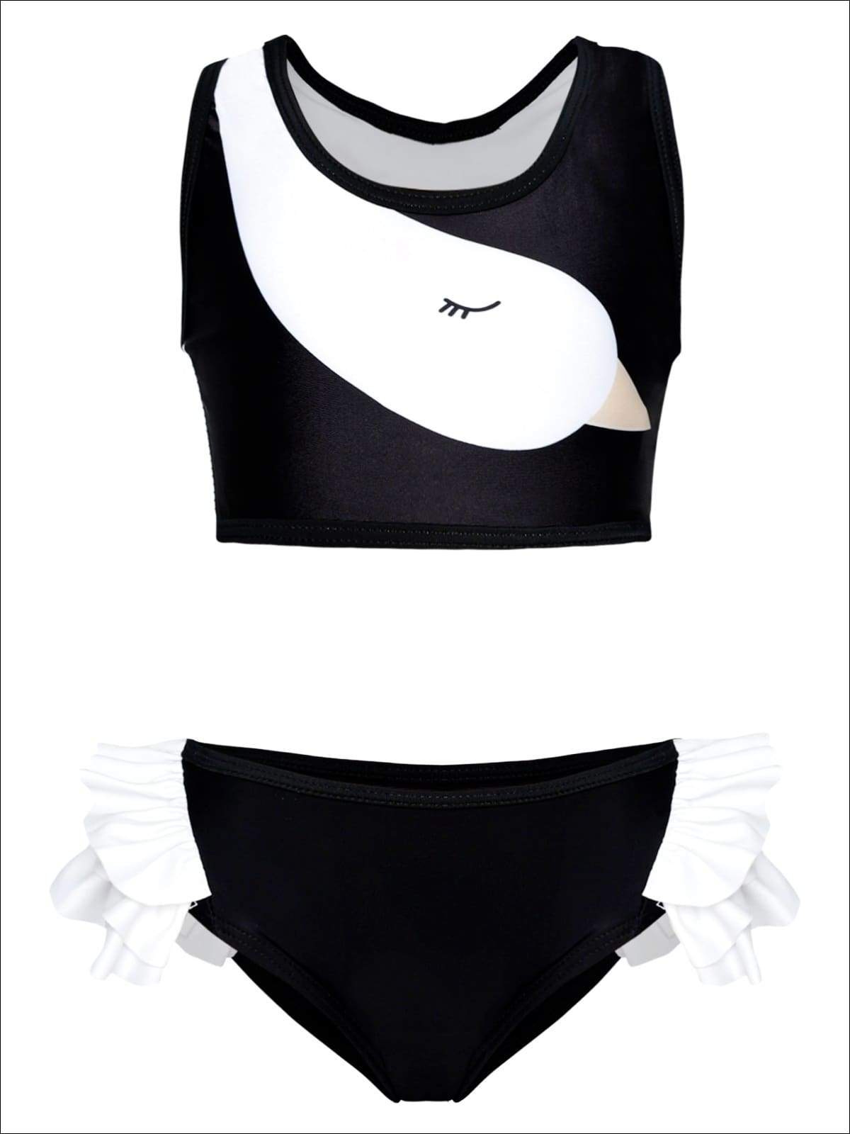 Girls Black Swan Top & Side Ruffle Bottom Two Piece Swimsuit - Girls Two Piece Swimsuit