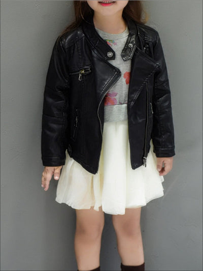 Girls Black Synthetic Leather Moto Jacket - Girls Jacket