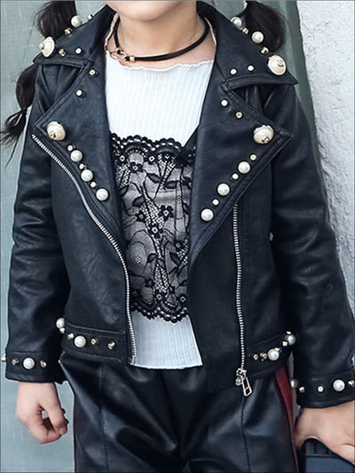 Girls Black Synthetic Leather Pearl Studded Jacket - Black / 24M - Girls Jacket