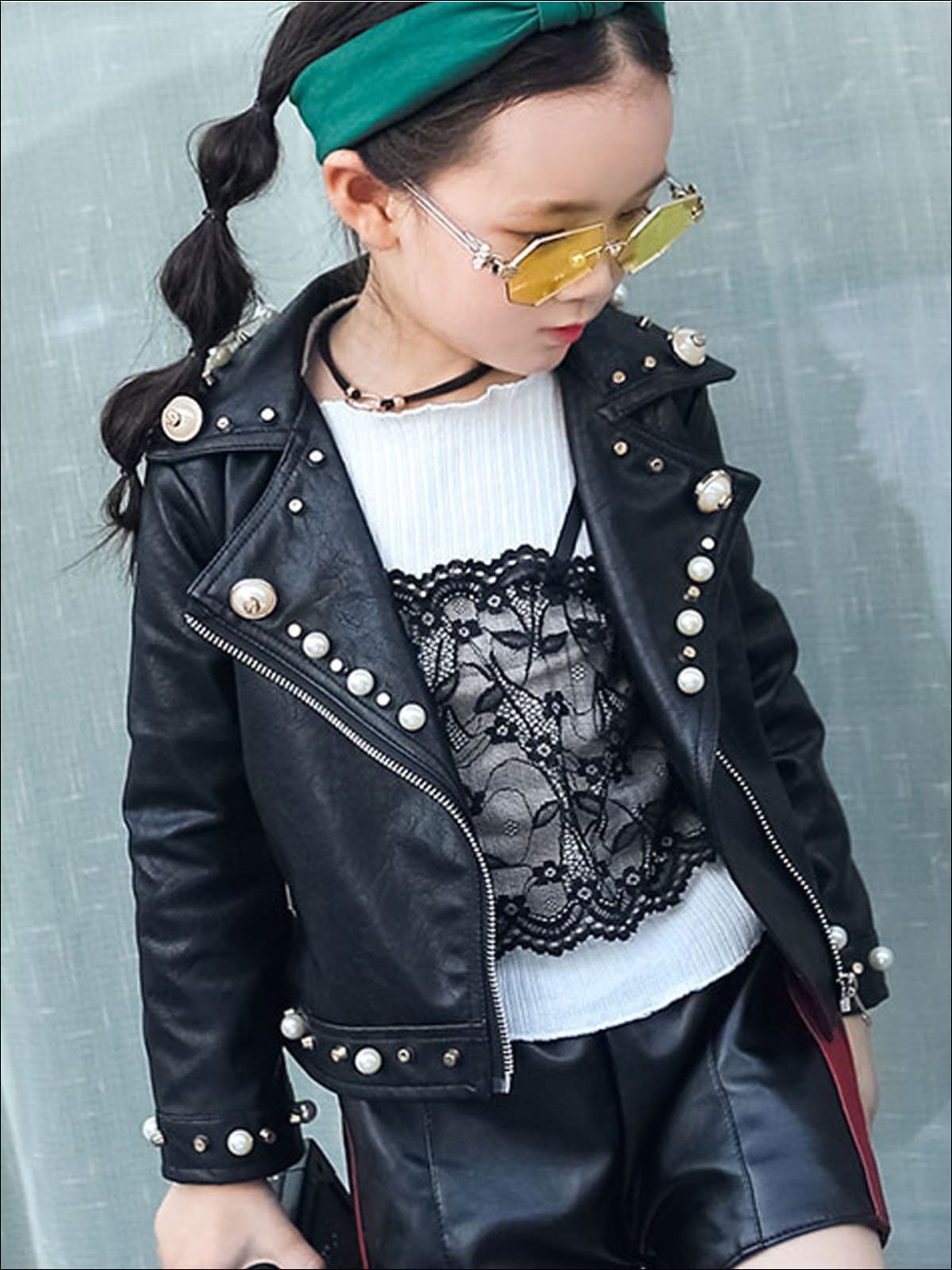 Girls Black Synthetic Leather Pearl Studded Jacket - Girls Jacket