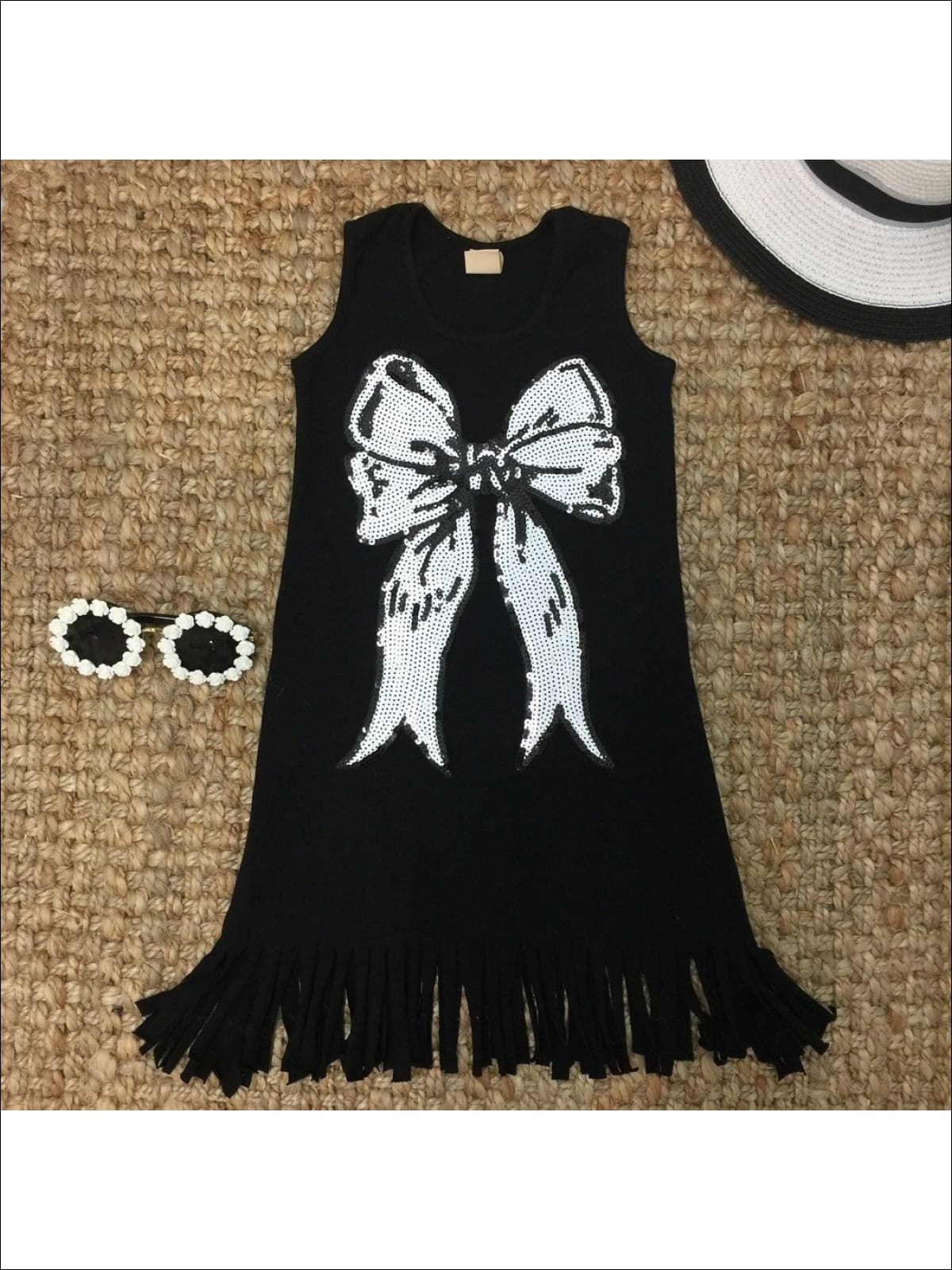 Girls Black White Bow Applique Fringe Dress - 2T/3T / Black