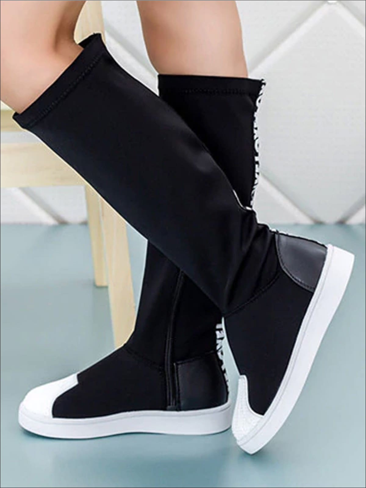 Girls Black & White Elastic Knee-High Boots - Black / 1 - Girls Boots