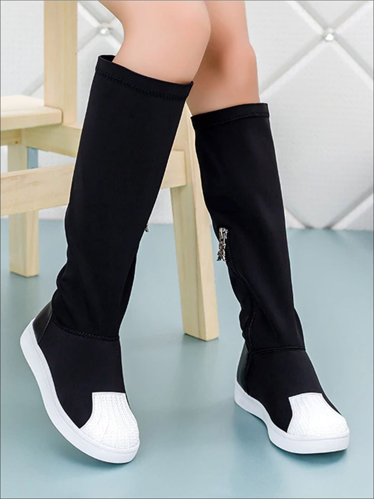 Girls Black & White Elastic Knee-High Boots - Girls Boots