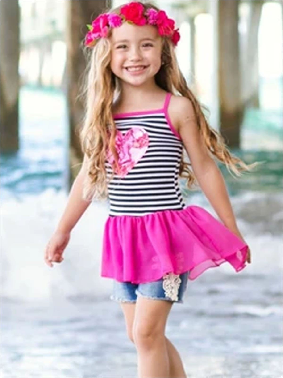 Girls Black & White Striped Ruffled Hi-Lo Tunic with Sequin Heart Applique - Girls Spring Top
