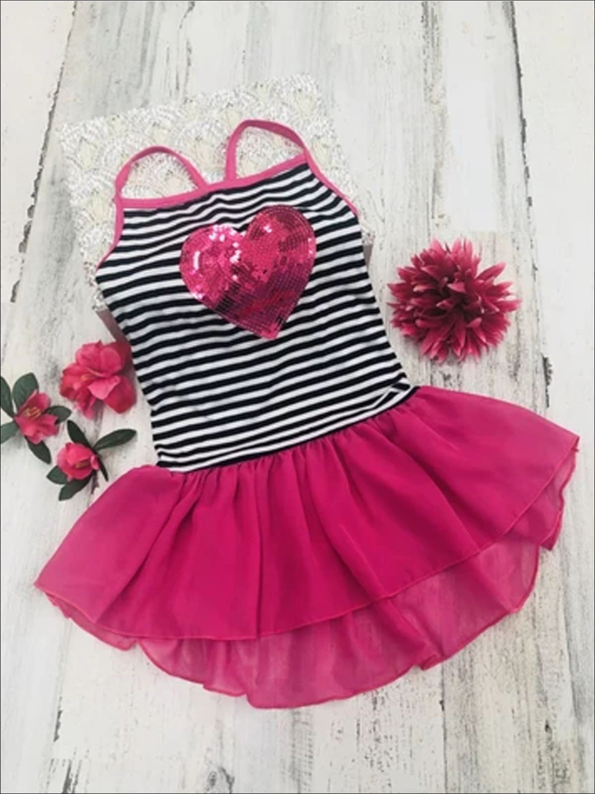 Girls Black & White Striped Ruffled Hi-Lo Tunic with Sequin Heart Applique - Black/White/Pink / 2T/3T - Girls Spring Top