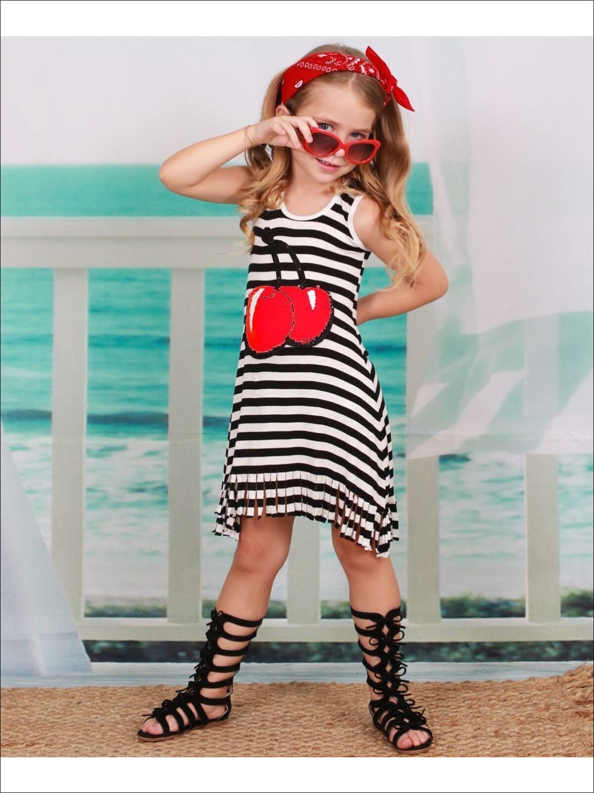 Girls Black & White Striped Sleeveless Sequin Reversible Color Cherries Applique Fringe Dress - Girls Spring Casual Dress