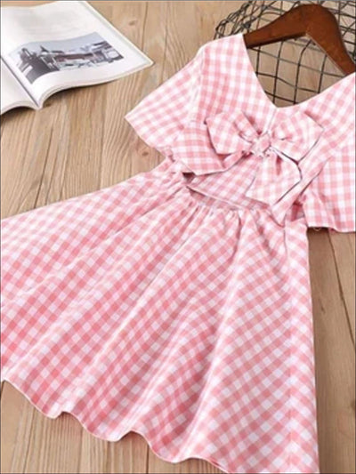Girls Blue and White Gingham Print Bow Back Dress - pink / 2T - Girls Spring Casual Dress