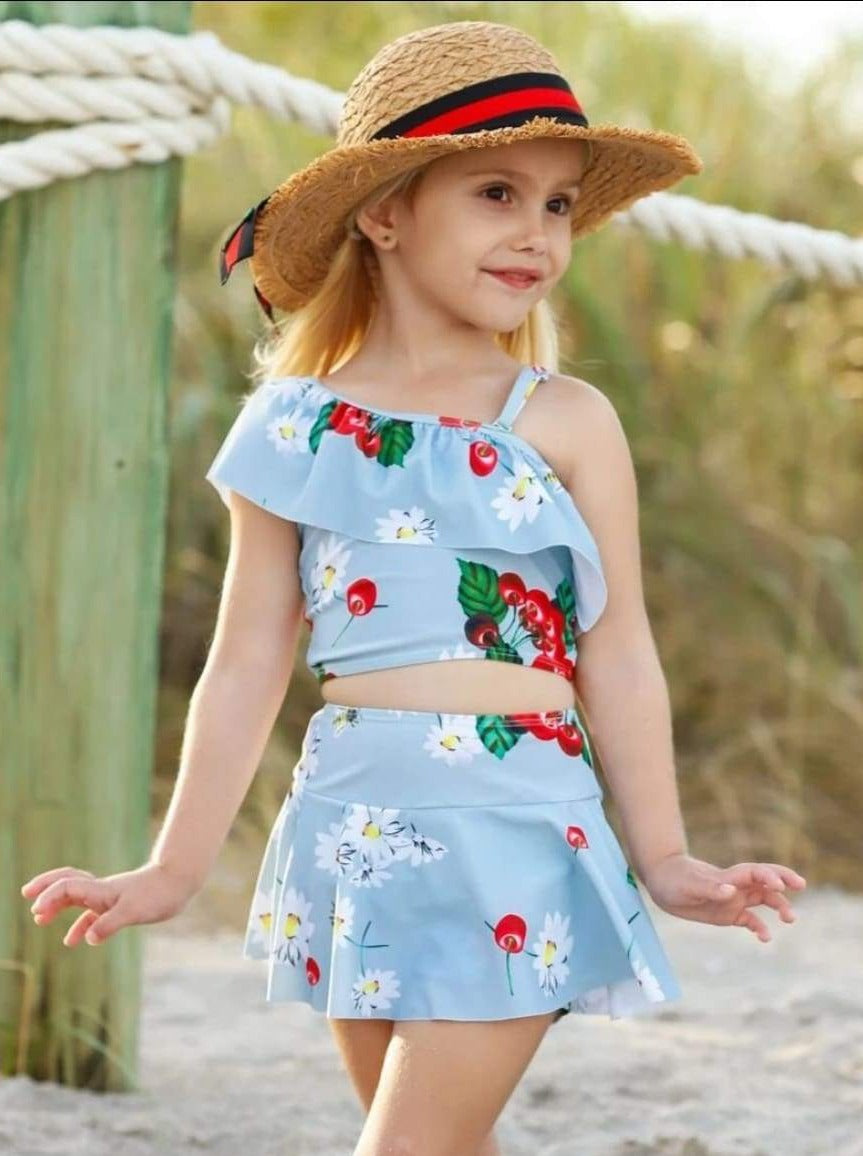 Kids Resort Wear | Girls Blue Floral & Cherry Two Piece Swimsuit