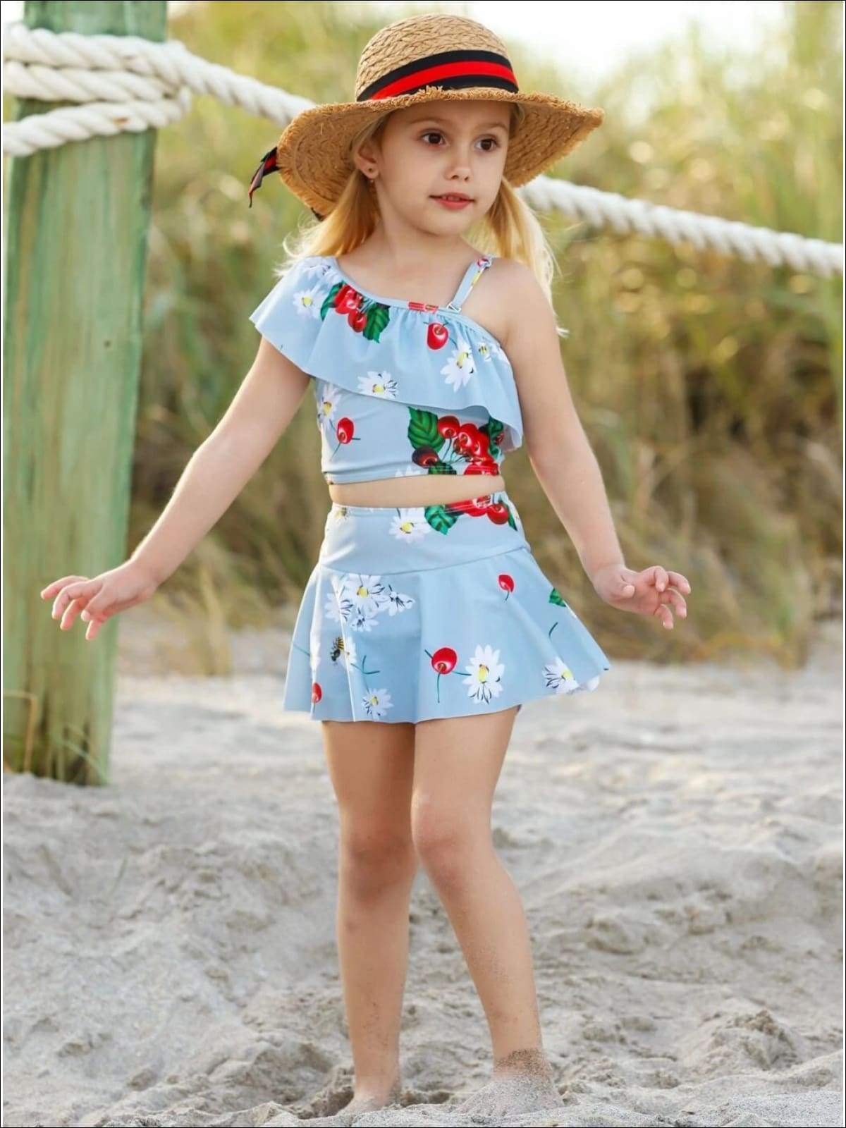Kids Resort Wear | Girls Blue Floral & Cherry Two Piece Swimsuit