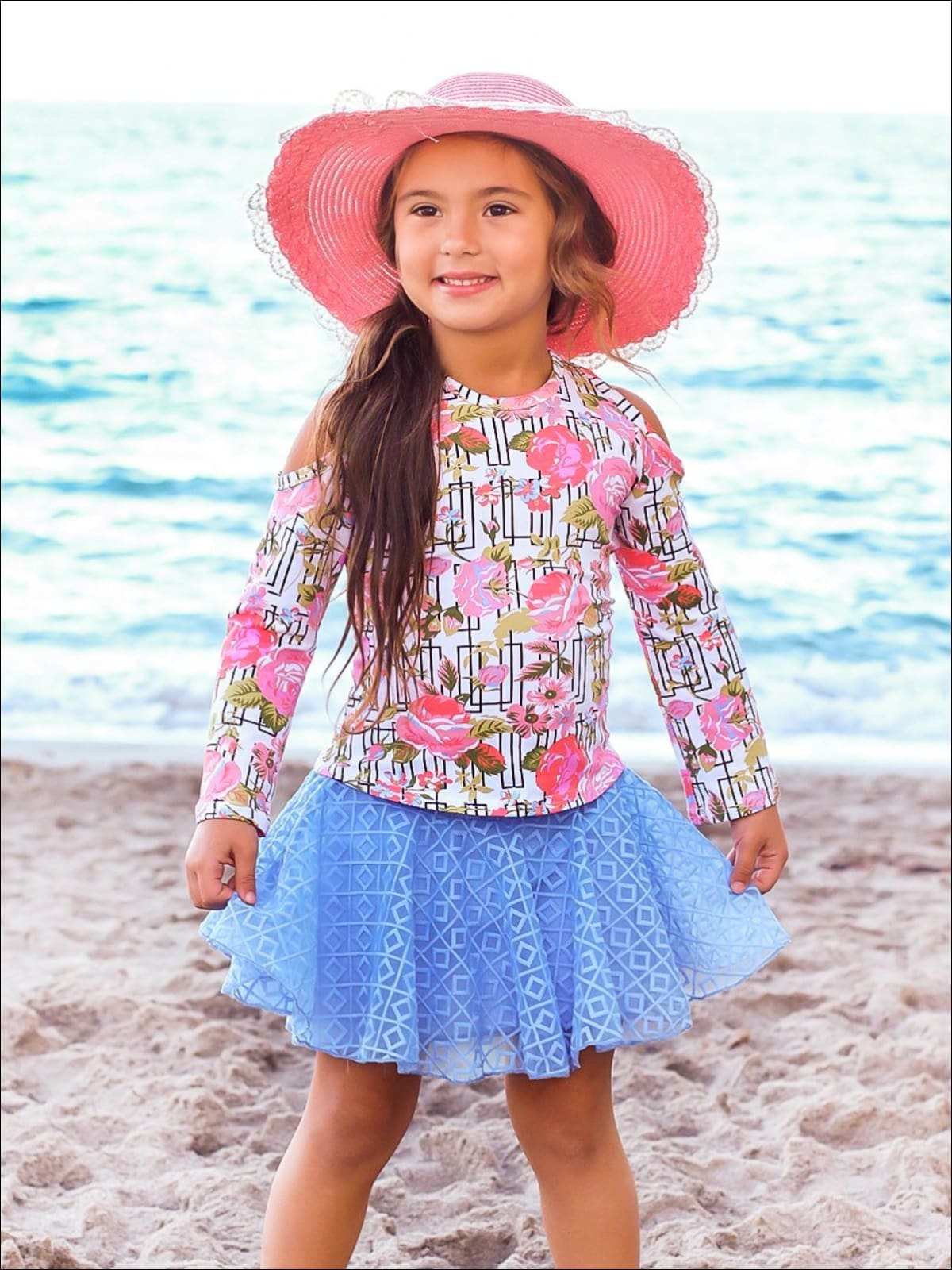 Girls Blue & Floral Cold Shoulder Top with Lace Skirt Set - Girls Fall Casual Set