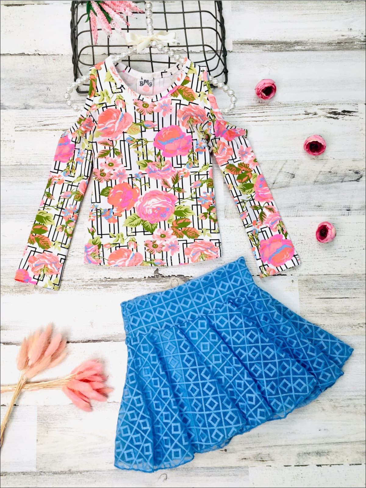 Girls Blue & Floral Cold Shoulder Top with Lace Skirt Set - Girls Fall Casual Set