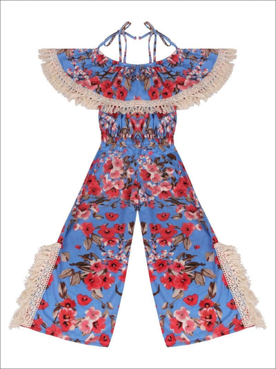 Girls Blue Floral Crochet Tassel Side Slit Ruffled Off the Shoulder Palazzo Jumpsuit - Girls Jumpsuit