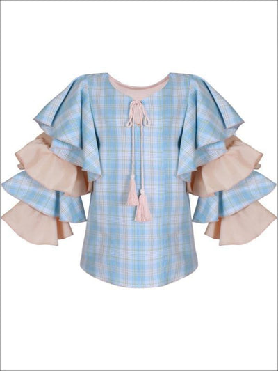 Girls Blue & Peach Plaid Ruffled Flared Sleeve Tassel Neck Drawstring Tunic - Girls Fall Top
