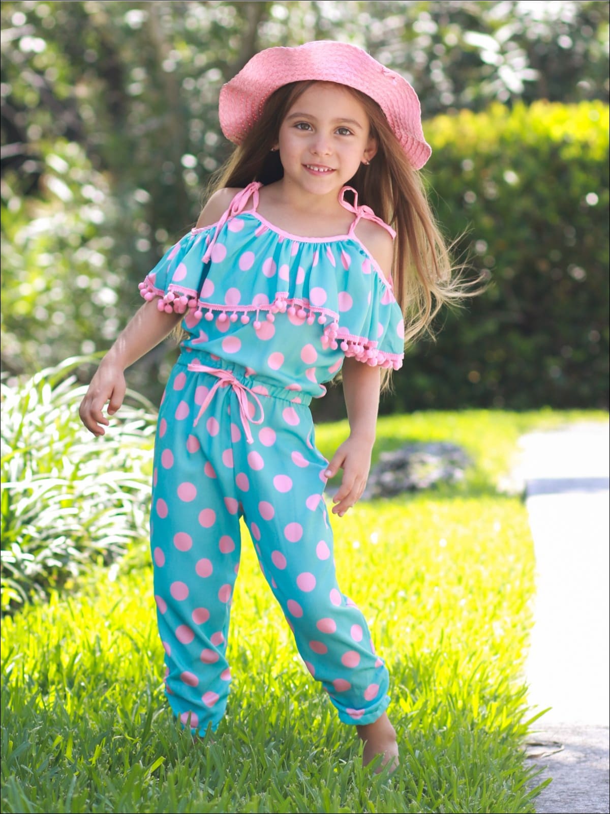 Girls Blue & Pink Polka Dot Off the Shoulder Tassel Ruffle Drawstring Jumpsuit - Girls Jumpsuit