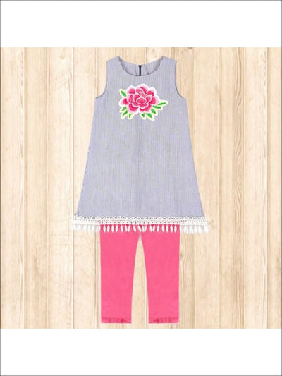 Girls Blue Pinstriped Set with Large Embroidered Flower Applique - Girls Set